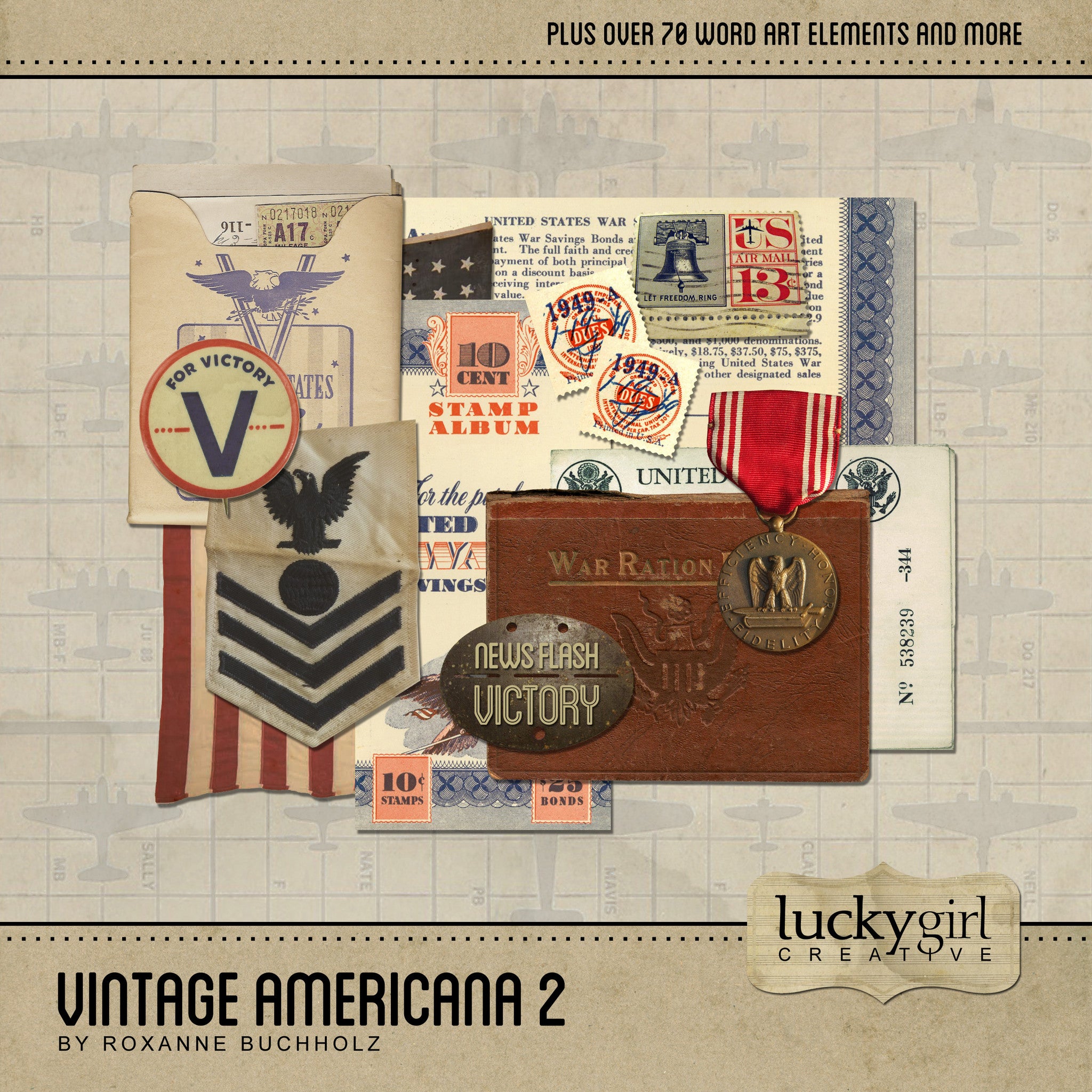 Continuing with the World War I and II historic themed collections, Lucky Girl Creative brings us Vintage Americana 2 Digital Scrapbook Kit straight from her own family memorabilia. This digital art collection is full of service-related and wartime elements such as ration books, medals, dog tags, and military patches and insignia.