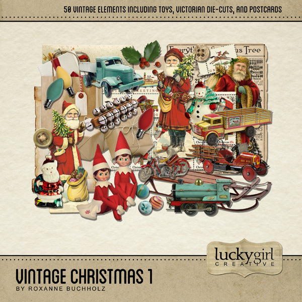 Filled with charming old-fashioned digital art tin toys, Santa Claus Victorian die-cuts, antique sled, vintage advertisements, old light bulbs, sprigs of holly, craft-wrapped presents, Santa’s list, little elves, and postage stamps, this Vintage Christmas 1 Digital Scrapbook Kit is perfect for your personal scrapbooking projects and holiday cards. Coordinates with Vintage Christmas 2 Digital Scrapbook Kit to extend your holiday scrapbooking projects.