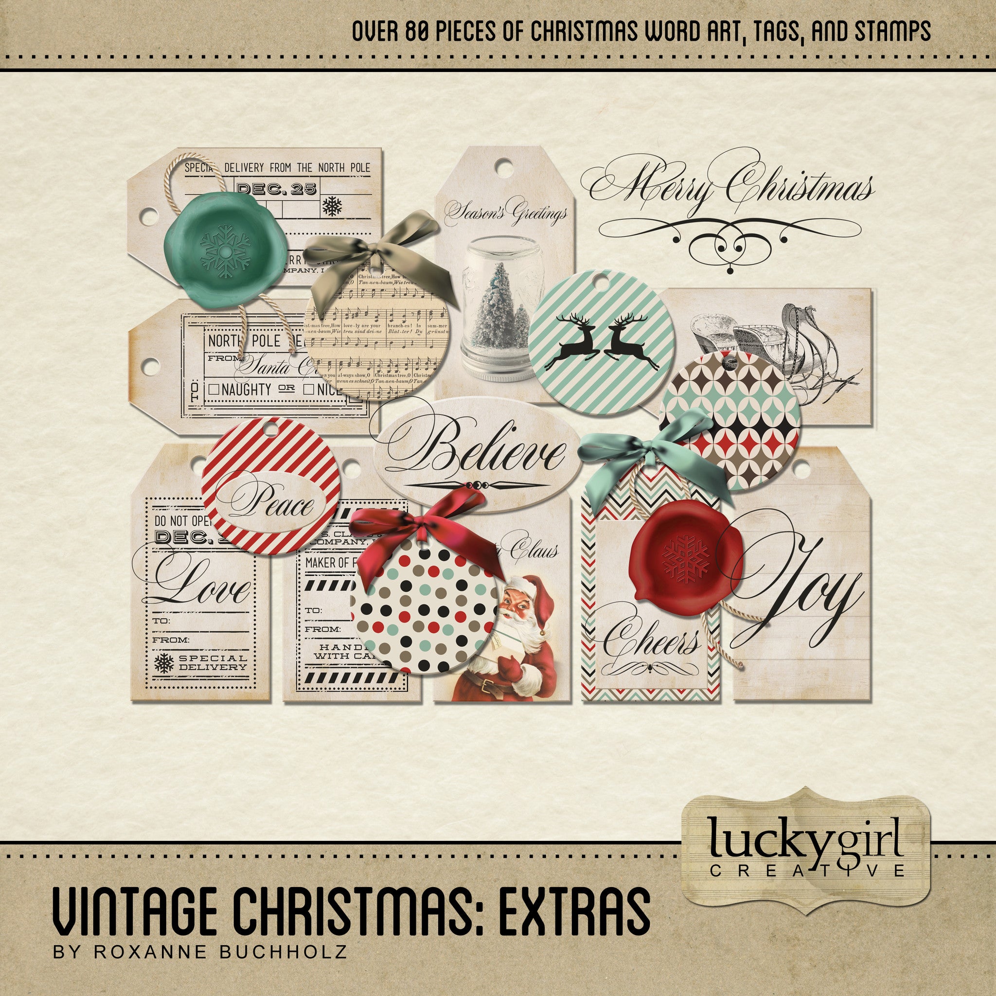 Filled with old-fashioned charm and a modern twist, this Vintage Christmas Extras Digital Scrapbook Kit is perfect for your personal scrapbooking projects and holiday cards. Works great as a stand-alone holiday digital art collection filled with lots of fun word art, tags, and .png stamps or pairs perfectly with Vintage Christmas 1, Vintage Christmas 2, and Vintage Christmas: Papers Digital Scrapbook Kits to extend your holiday scrapbooking projects.