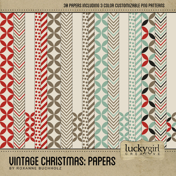 Filled with a vintage feel yet modern pattern twist, this Vintage Christmas Papers Digital Scrapbook Kit is perfect for your personal scrapbooking projects and holiday cards. Works great as a stand-alone digital art paper collection with lots of modern patterns or pairs perfectly with Vintage Christmas 1, Vintage Christmas 2, and Vintage Christmas Extras Digital Scrapbook Kits to extend your holiday scrapbooking projects.