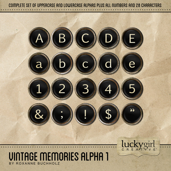 The Vintage Memories Alpha 1 Digital Scrapbook Kit includes vintage typewriter key alphabet letters in black including a full set of uppercase and lowercase letters, numbers 0-9, and 28 punctuation marks. This alpha set is available as embellishments only. Includes one plain typewriter key to create your own alpha.