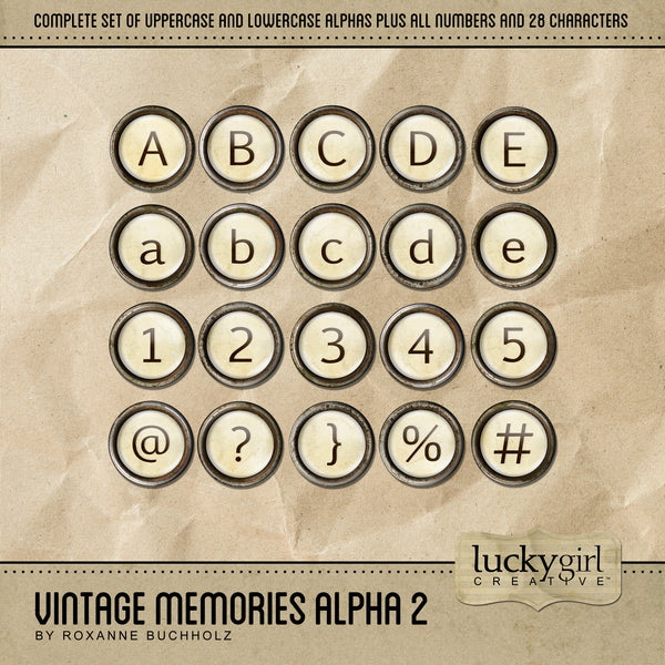 The Vintage Memories Alpha 2 Digital Scrapbook Kit features vintage typewriter key alphabet letters in tan and bronze and includes of a full set of uppercase and lowercase letters, numbers 0-9, and 28 punctuation marks. This digital art alpha set is available as Fancy Fonts and as embellishments only. Includes one plain typewriter key to create your own alpha or word art.
