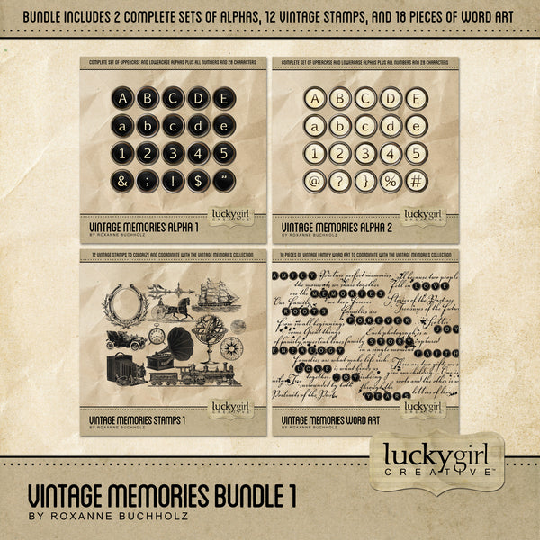 The Vintage Memories Digital Scrapbook Bundle 1 includes vintage digital art stamps, word art phrases, and two typewriter key alpha sets which are the perfect way to accent your vintage family history and genealogy projects. Neutral in its color palette, these pieces will add depth and warmth to your project. 