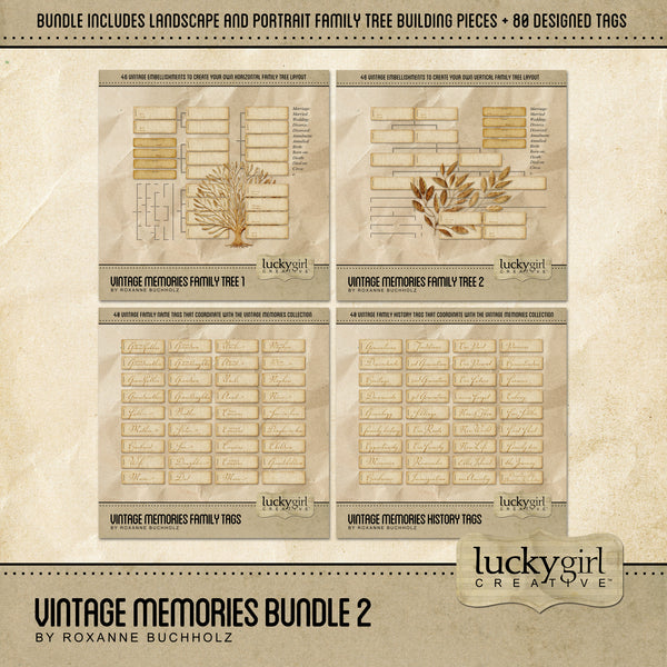 The Vintage Memories Digital Scrapbook Bundle 2 includes pre-designed digital art tags and customized family tree builder pieces which are the perfect way to accent your vintage family history and genealogy projects. 