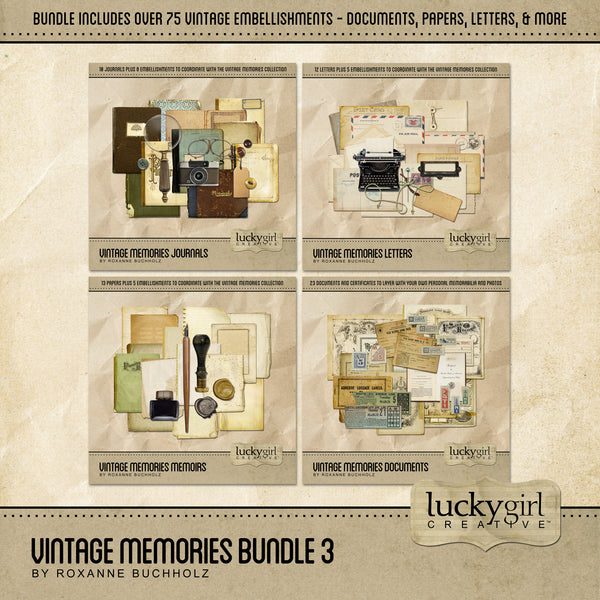 The Vintage Memories Digital Scrapbook Bundle 3 includes digital art vintage papers, folders, journals, vintage postcards, certificates, antique family documents, and other memorabilia are the perfect way to accent your family history and genealogy projects. Wonderful for stacking and layering with your own personal family photos. Fill out blank certificates - family records, marriage licenses, and baptism certificates - to create your own authentic look.