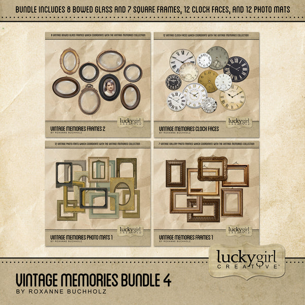 The Vintage Memories Digital Scrapbook Bundle 4 includes authentic, hanging bowed glass picture frames, vintage photo mats, and antique clock and watch faces which are the perfect way to accent your vintage family history and genealogy projects.