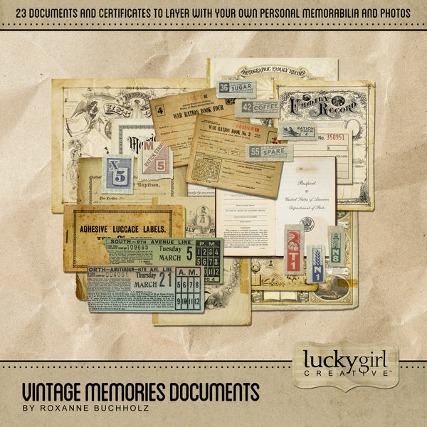 The Vintage Memories Documents Digital Scrapbook Kit features antique documents which are the perfect way to accent your vintage family history and genealogy projects. Use as stacked, filler papers behind your actual family documents or fill out the blank certificates - family records, marriage licenses, and baptism certificates - to create your own authentic look. 