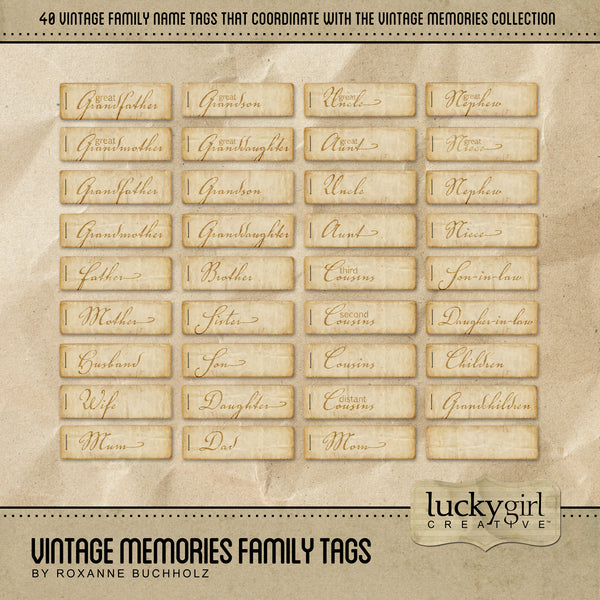 The Vintage Memories Family Tags Digital Scrapbook Kit is the perfect way to document and accent your vintage family history and genealogy projects. For additional digital art tags look to Vintage Memories History Tags and the complete Vintage Memories collection for all coordinating kits.