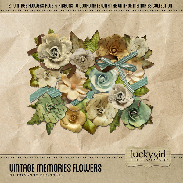 The Vintage Memories Flowers Digital Scrapbook Kit includes antique-inspired flowers and leaves are the perfect way to accent your vintage family history and genealogy projects. Four pieces of ribbon are also included. Great for everyday use too. Look to the Vintage Memories digital art collection for all coordinating kits.
