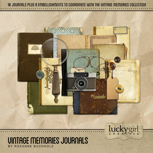 The Vintage Memories Journals Digital Scrapbook Kit includes vintage journals, antique photograph albums, and embellishments which are the perfect way to accent your vintage family history and genealogy projects. Neutral in its color palette, these pieces, including a magnifying glass, camera, eye glasses, and buttons, will add depth and warmth to your project. Look to the Vintage Memories collection for all coordinating kits.