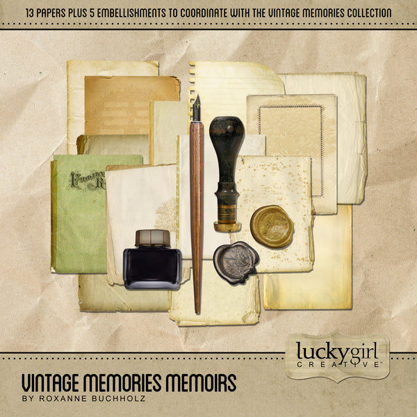 The Vintage Memories Memoirs Digital Scrapbook Kit features antique sheets of paper are stackable or can be used individually to write the story of your life. Extra digital art embellishments, such as the pen, inkwell, and wax stamps are the perfect way to accent your vintage family history and genealogy projects. Neutral in its color palette, these pieces will add depth and warmth to your project. Look to the Vintage Memories collection for all coordinating kits. 