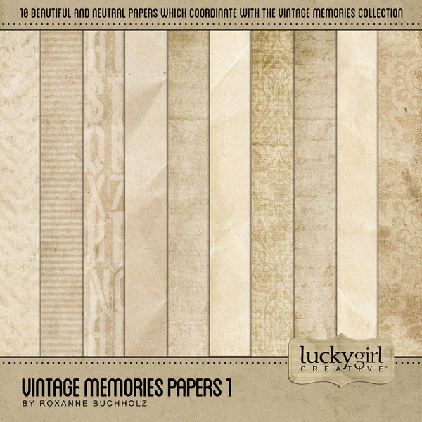 The Vintage Memories Papers 1 Digital Scrapbook Kit includes antique-inspired digital art papers are the perfect way to accent your vintage family history and genealogy projects. Very neutral in their color palette but rich in texture and pattern, these digital papers would look great on everyday projects too. Look to the Vintage Memories collection for all coordinating kits. 