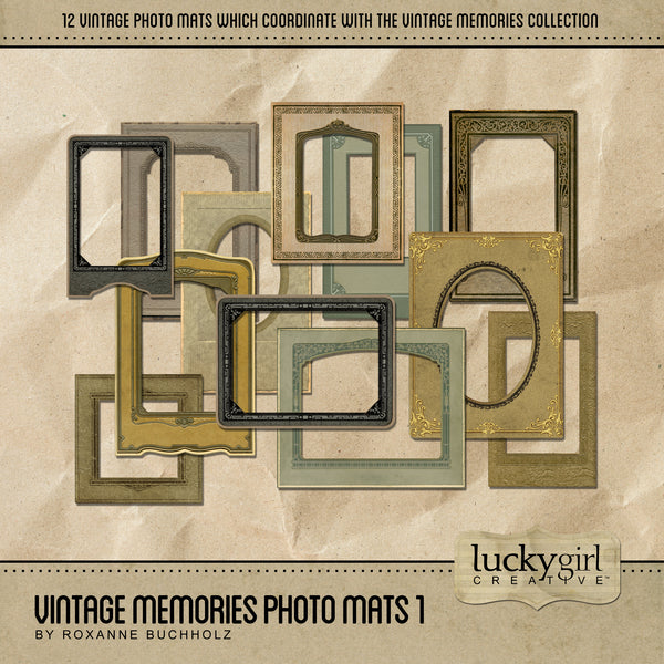 The Vintage Memories Photo Mats 1 Digital Scrapbook Kit includes decorative digital art photo mats which are the perfect way to accent your vintage family photos. Look to the Vintage Memories collection for all the coordinating kits to celebrate your family history or genealogy.