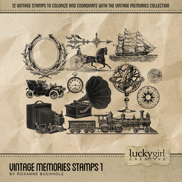 The Vintage Memories Stamps Digital Scrapbook Kit includes digital art stamps which are the perfect way to accent your vintage family history and genealogy projects. Easily colorized to fit your needs. Look to the Vintage Memories collection for all coordinating kits. 