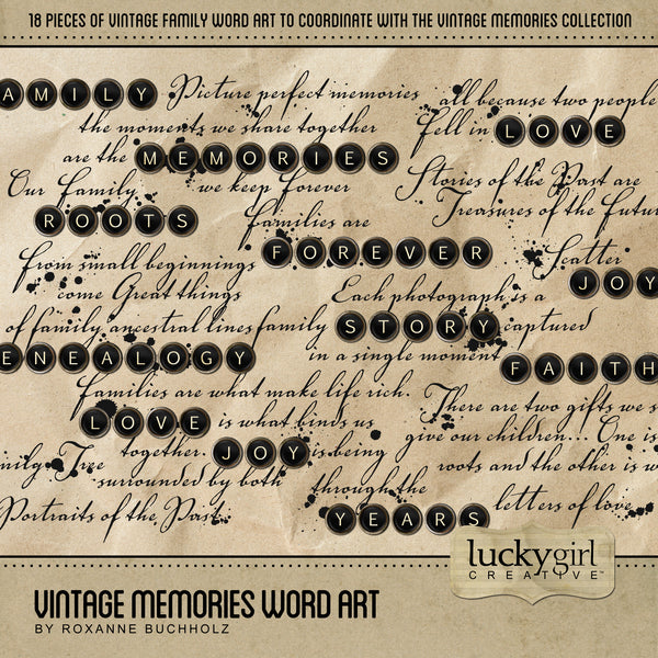 The Vintage Memories Word Art Digital Scrapbook Kit includes pieces of digital word art are the perfect way to accent your vintage family history and genealogy projects. To create your own typewriter key word art and phrases, look to add Vintage Memories Alpha 1 and Alpha 2 to your art collection. 