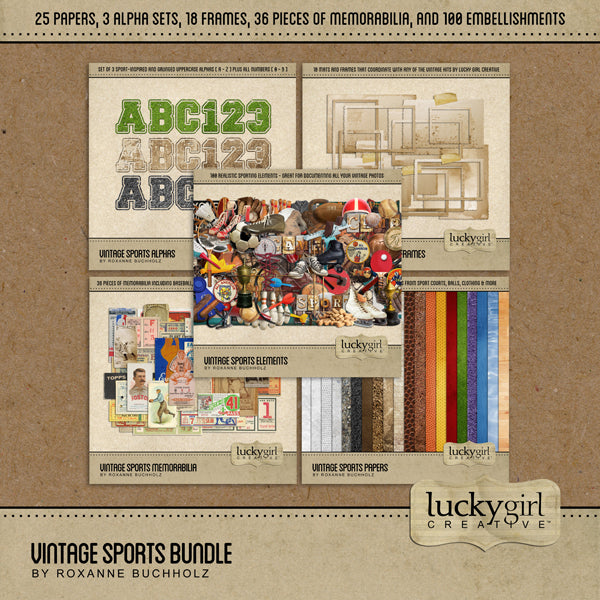 These vintage sports embellishments, papers, and alphas are the perfect way to accent your family history and genealogy projects. Great for sports fans or athletes recalling memories from days gone by and things remembered from their glory days. Neutral in its color palette, these antique, realistic embellishments and papers will add depth and warmth to your project.