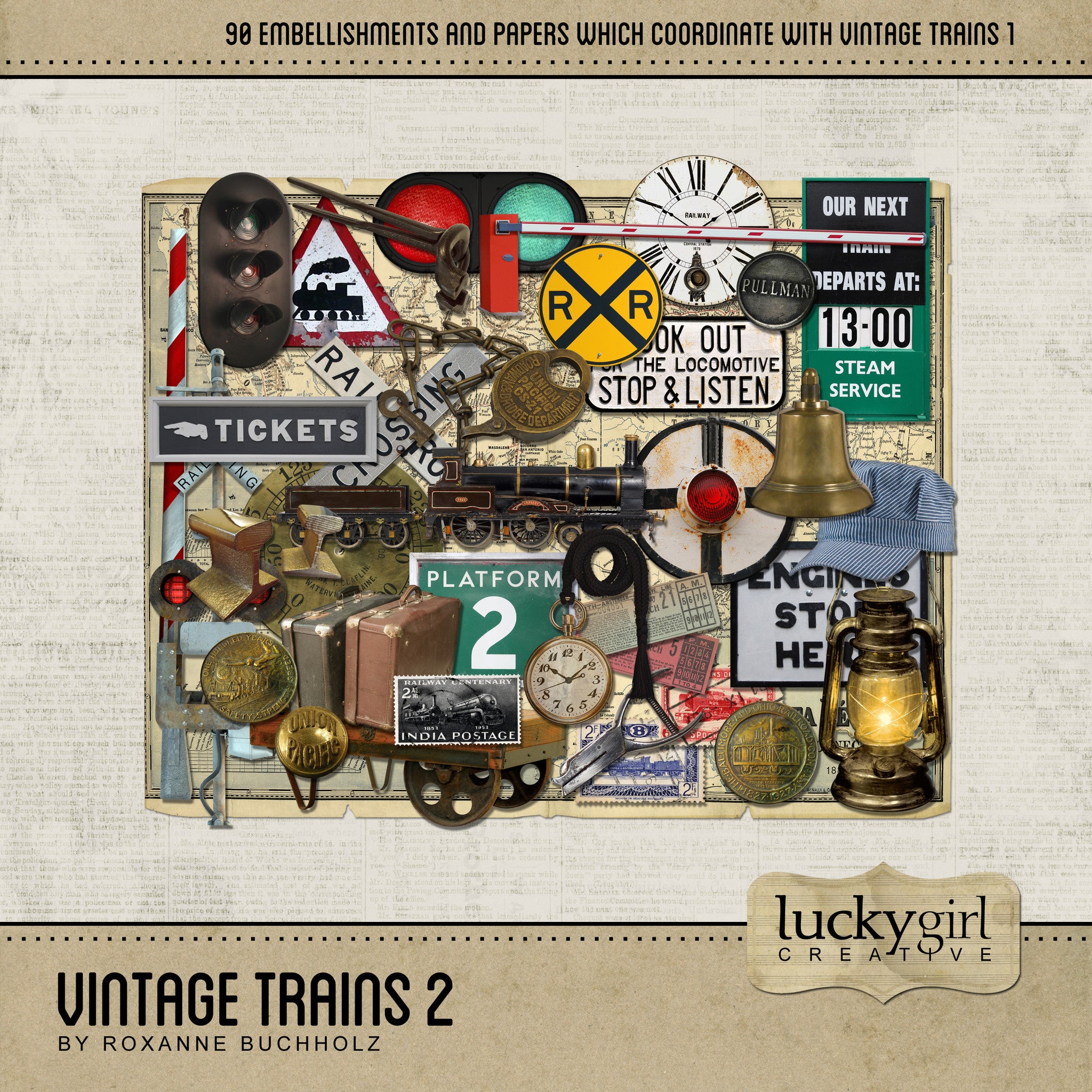 All Aboard! Vintage Trains 2 Digital Scrapbook Kit was designed to offer you an extensive railroad themed digital art collection for all the avid train enthusiasts out there. This kit is filled with antique railroad signs, buttons, tickets, ticket punch, vintage railroad maps, luggage, luggage cart, lights, model trains, platform signs, railroad tracks, postage stamps, steam engine parts, bell, gauge, and so much more!