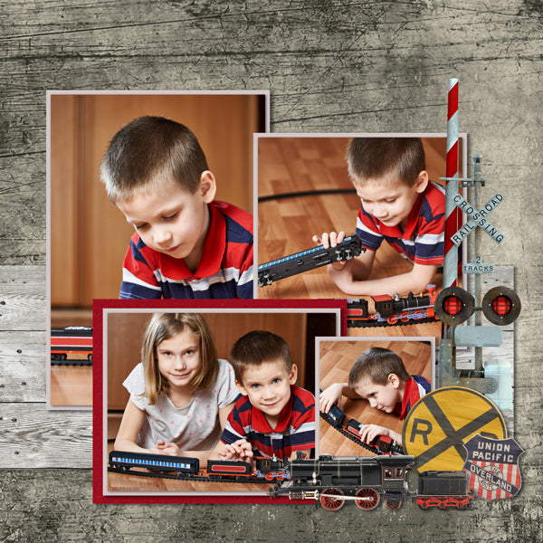 All Aboard! Vintage Trains 1 Digital Scrapbook Kit was designed to offer you an extensive railroad themed digital art collection for all the avid train enthusiasts out there. This kit is filled with antique railroad signs, buttons, tickets, spikes, vintage railroad maps, whistles, lights, model trains, conductor hat, lock and key, steam engine parts, and so much more!